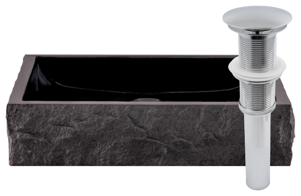 Natural Black Granite Square Vessel Sink with Chiseled Exterior and Drain, Chrome