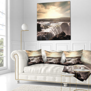 Dramatic Waterfalls in Iceland Landscape Printed Throw Pillow, 18"x18"