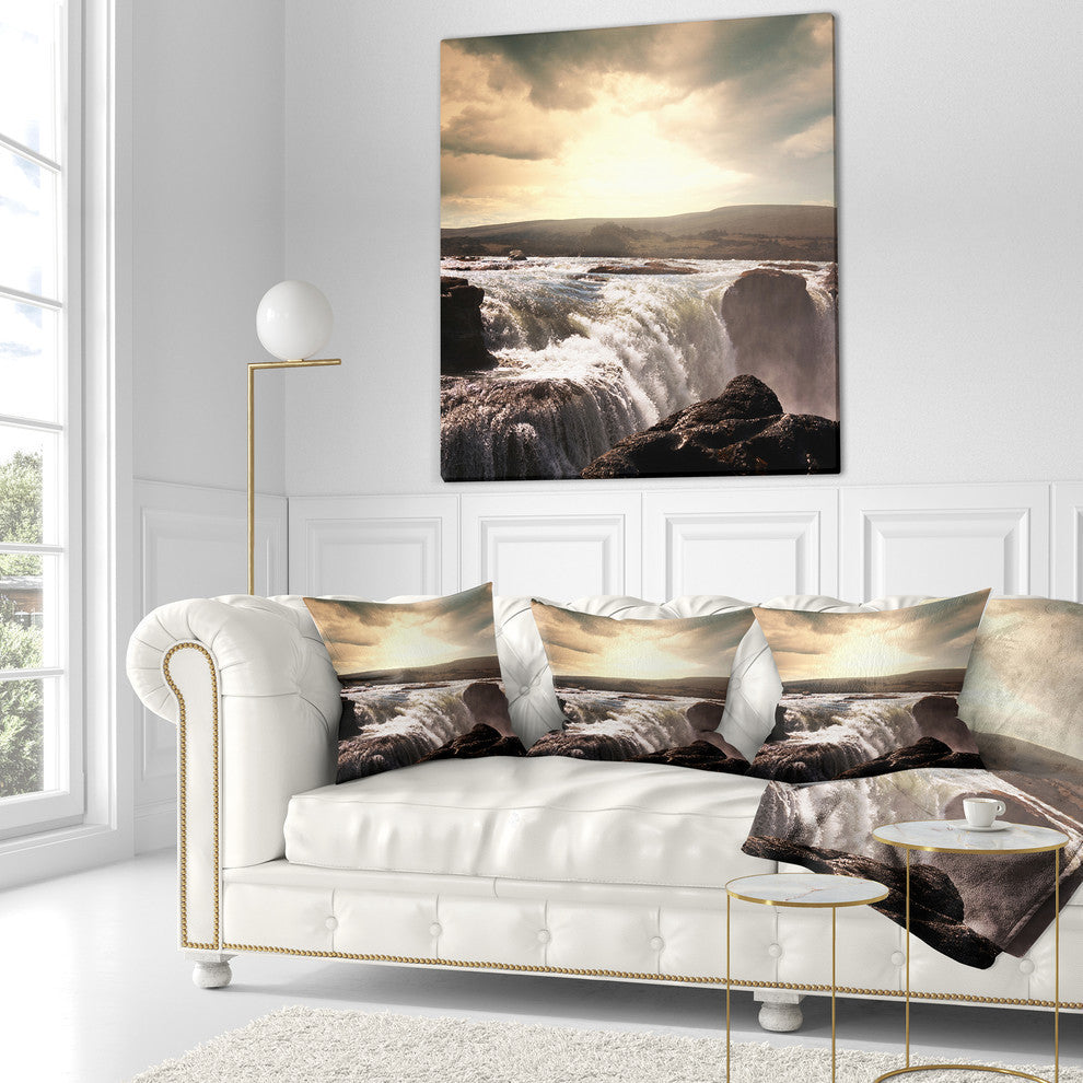 Dramatic Waterfalls in Iceland Landscape Printed Throw Pillow, 18"x18"