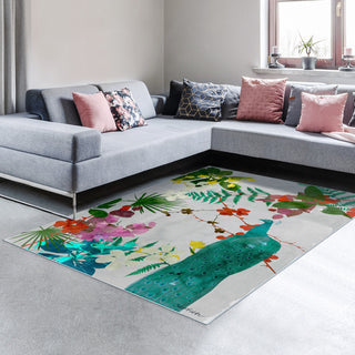 Blue Tropical Peacock II Art Area Rug, 5'x7.5'