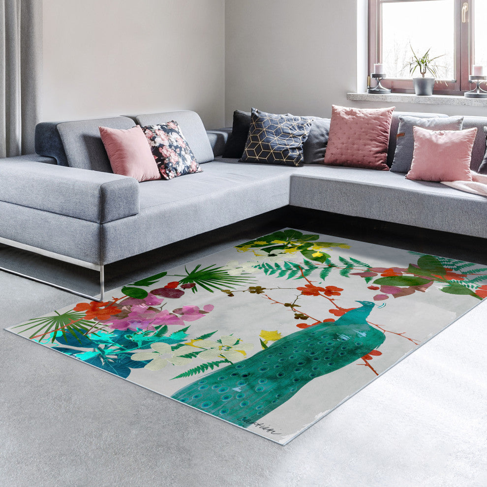 Blue Tropical Peacock II Art Area Rug, 5'x7.5'