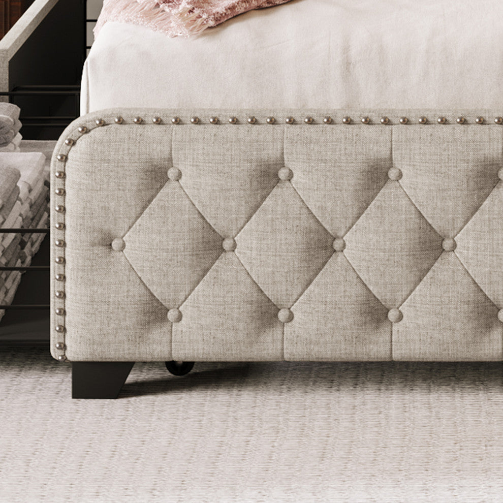 Metal Platform Bed with Headboard, Upholstered and 4-Drawer, Beige, 84.6" X 79.5"