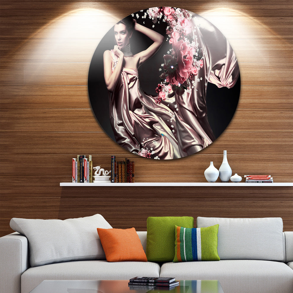 Woman In Fabric And Flowers, Portrait Round Metal Wall Art, 23"