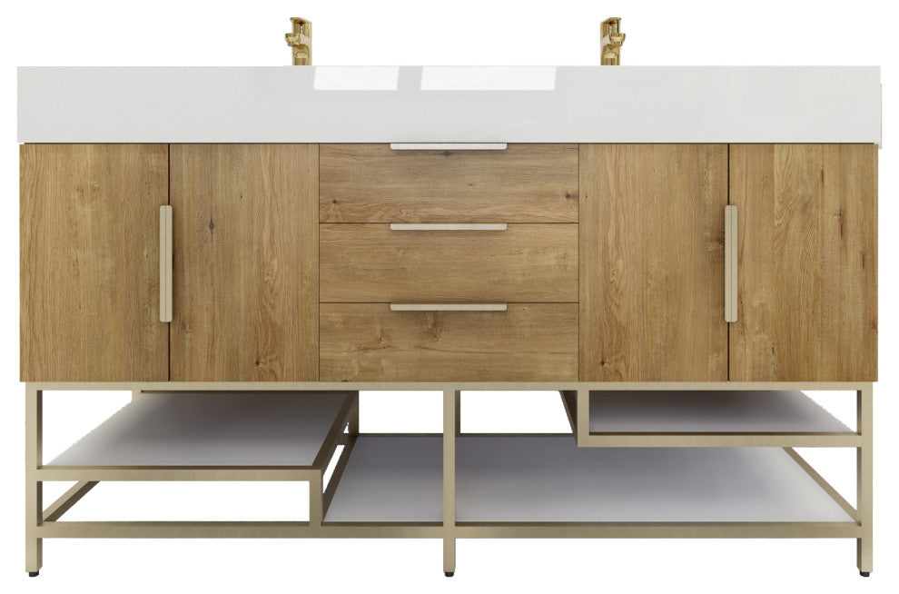 Madison 60" Free Standing Double Sink Vanity with Reinforced Acrylic Sink, Oak