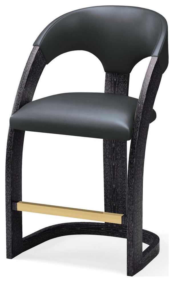 Delia Counter Stool Leather, Ebony Cerused Frame/Black Top Grain Leather