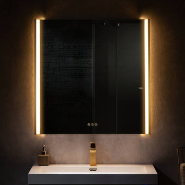 LED Antifog Bathroom Mirror, Dimmer, Adjustable Color, Brush Gold, 36x32