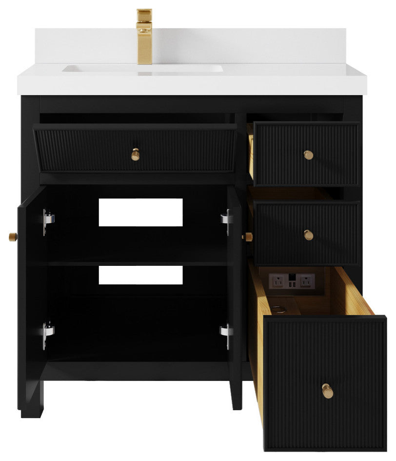 Sonoma 36 Left Offset Reeded Bath Vanity in Black 2" White Quartz
