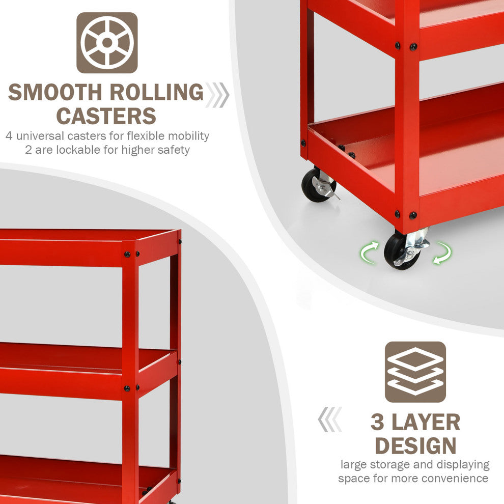 Costway 3-Tier Utility Cart Metal Storage Service Trolley 330lbs Capacity Red