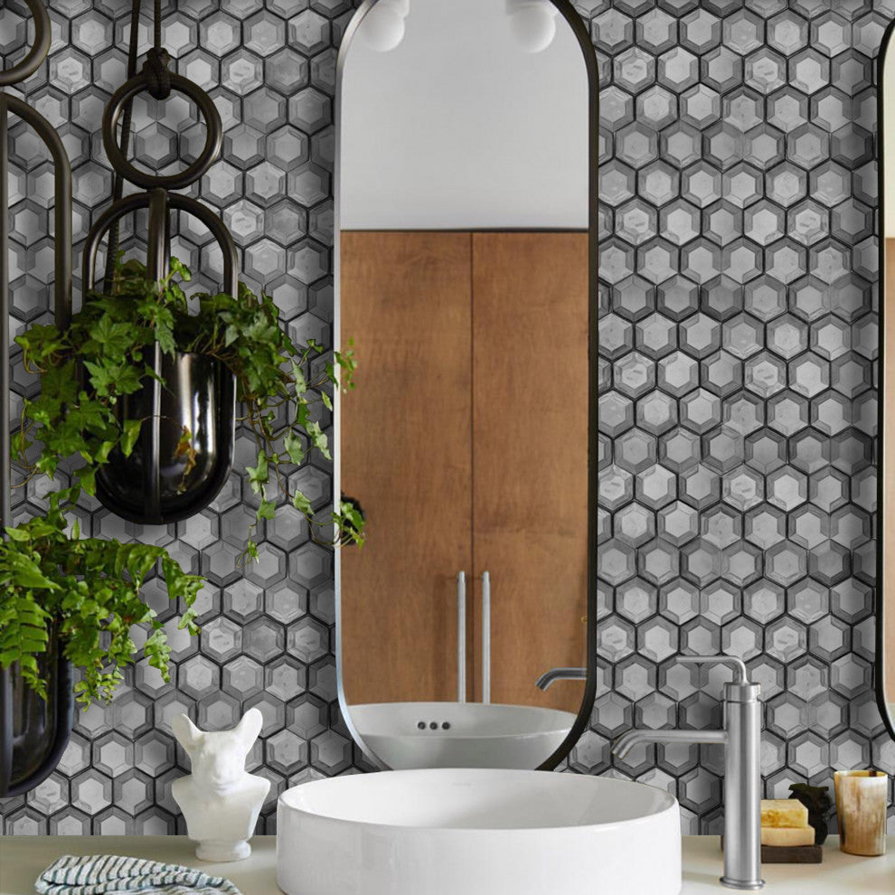 12x12 Dimensional Hexagon Glass Tile, Silver