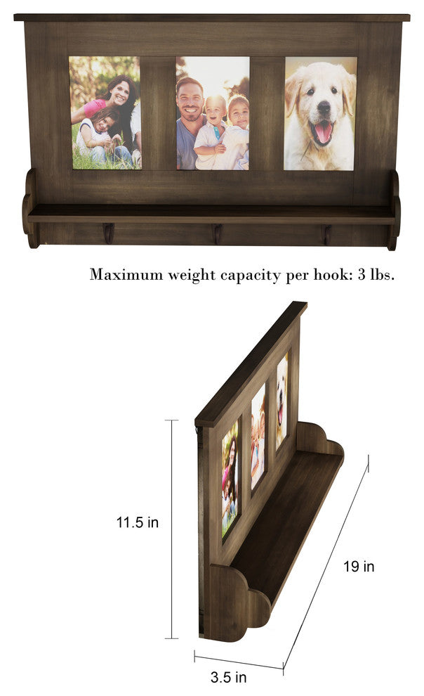 Wall Shelf and Picture Collage with Ledge and 3 Hanging Hooks By Lavish Home