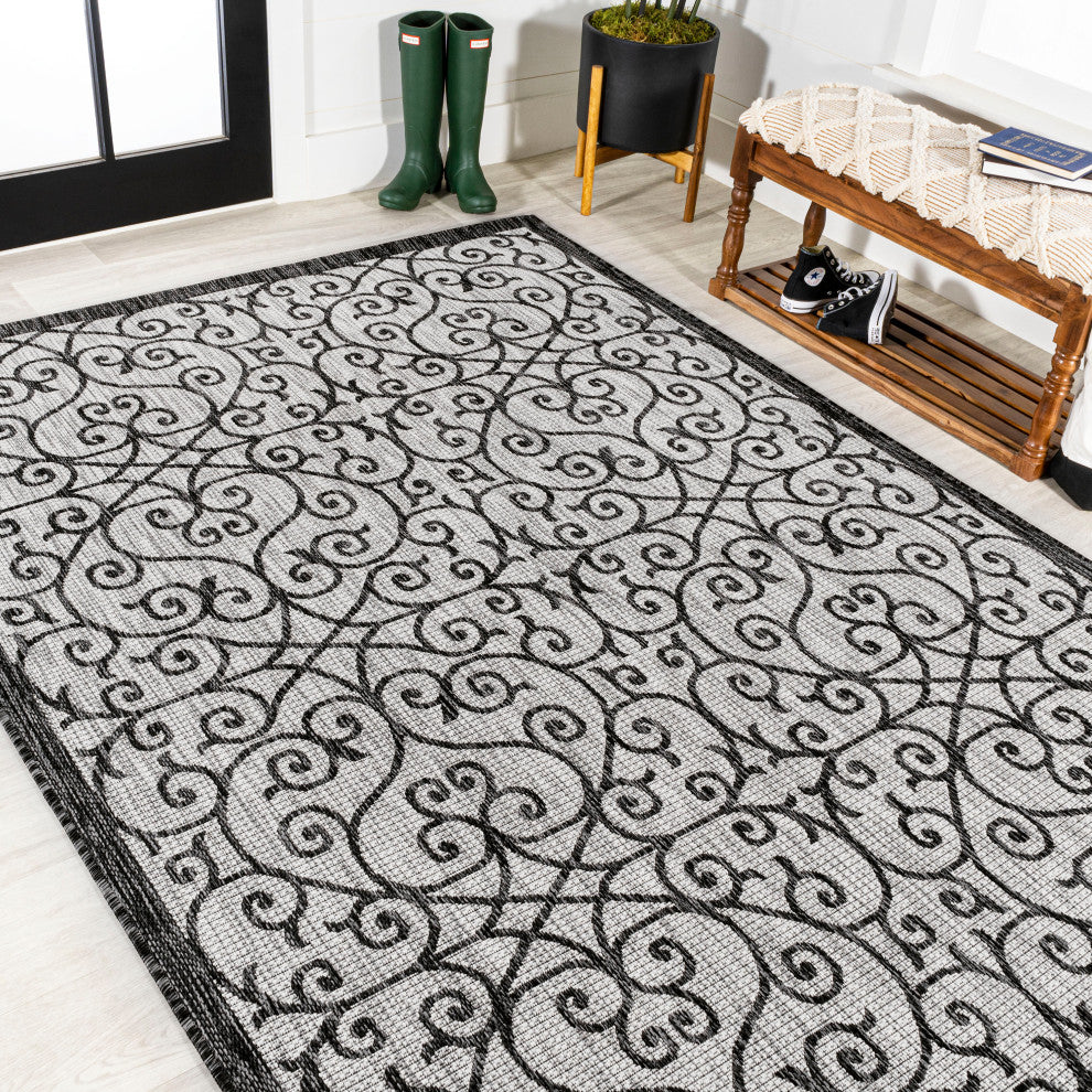 Madrid Vintage Filigree Textured Weave Indoor/Outdoor, Light Gray/Black, 3 X 5