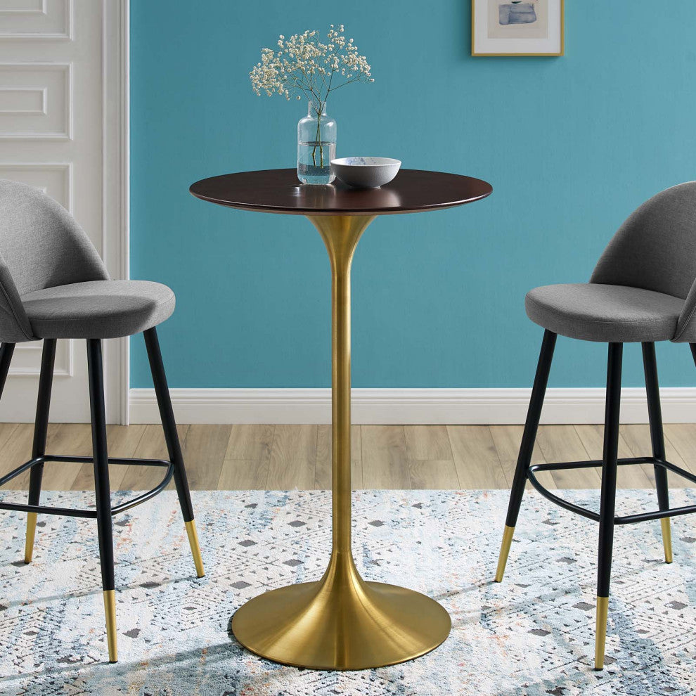 Bar Table, Round, Wood, Metal, Gold Dark Brown Brown Walnut, Modern, Bar Pub