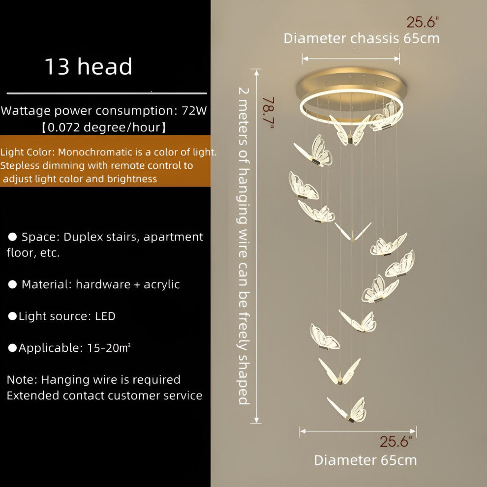 Camogli | Beautiful LED Chandelier with Hanging Butterflies, 13 Heads, Warm Light