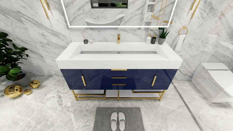 Madison 60" Free Standing Single Sink Vanity with Reinforced Acrylic Sink, High Gloss Blue