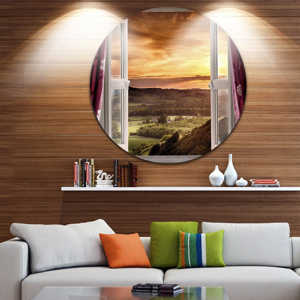 Open Window To Rural Landscape, Contemporary Disc Metal Wall Art, 36"