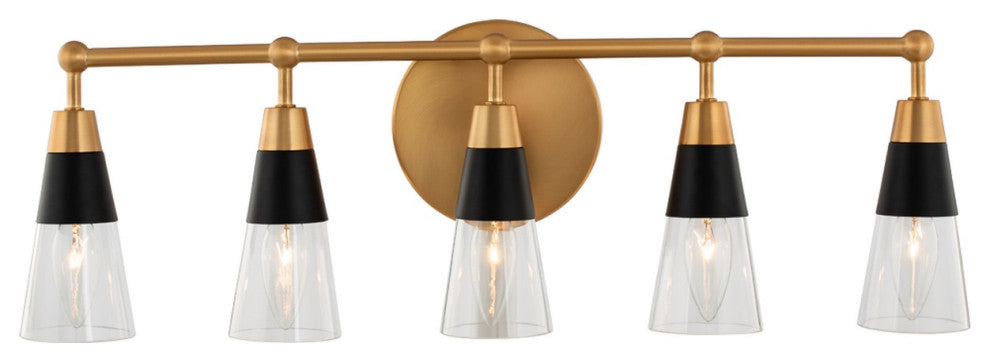 5 Light Midcentury Vanity by Kalco, Matte Black With New Brass, 8"