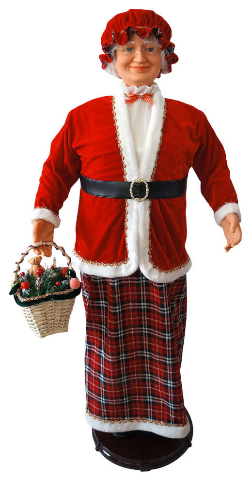 58" Dancing Mrs. Claus With Tartan Skirt and Gift Basket, Holiday Home Decor