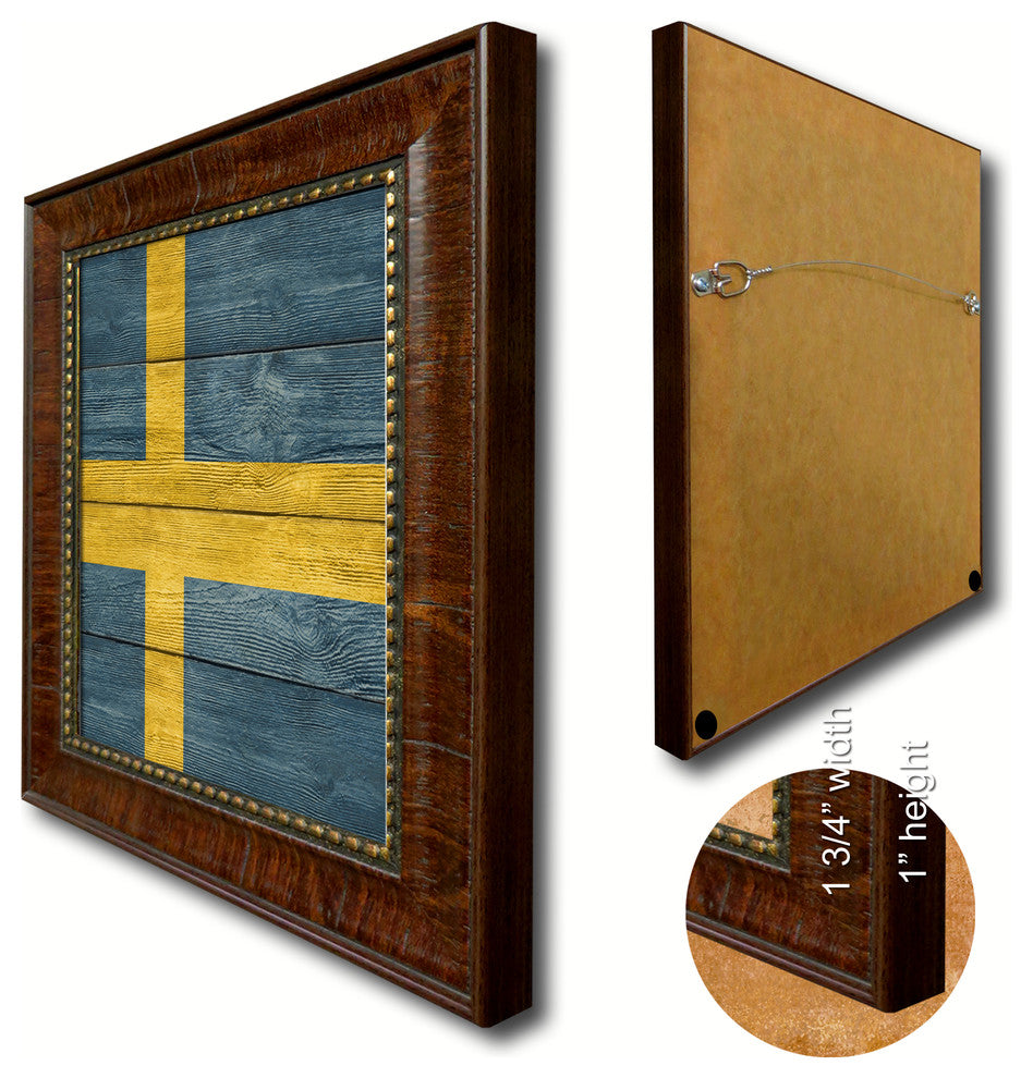 Sweden Country Textured Flag Print With Brown Gold Frame, 15"X21"