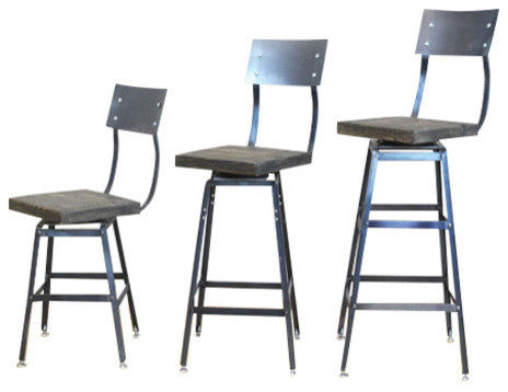 Reclaimed Urban Wood Swivel Bar Stool Chair With Back, 25x16x16, Scorched