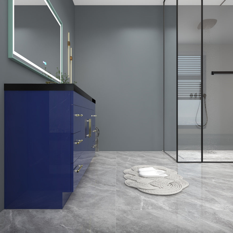 Rosa 60" Free Standing Modern Vanity, High Gloss Gray, Glossy White Top