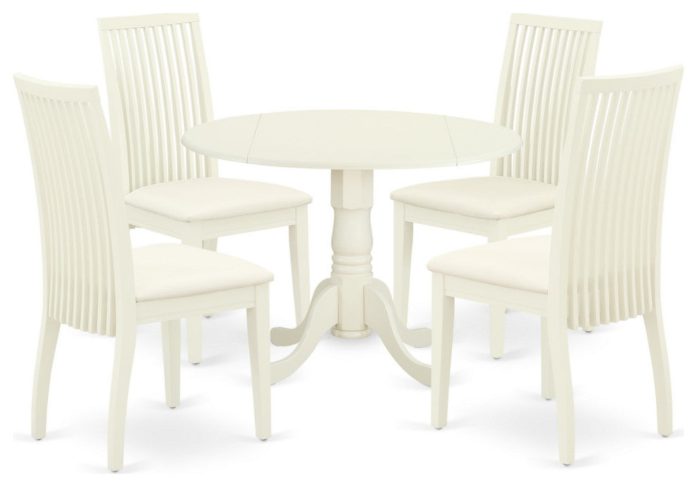 5Pc Dining Set, Round Dinette Table, Drop Leaves, Four Linen Seat Chairs, White
