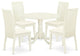 5Pc Dining Set, Round Dinette Table, Drop Leaves, Four Linen Seat Chairs, White