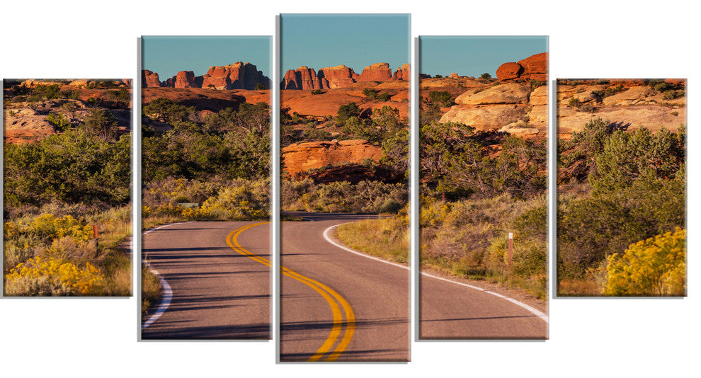 Road in Rocky American Prairie, Landscape Canvas Art Print, 60"x32", 5 Panels