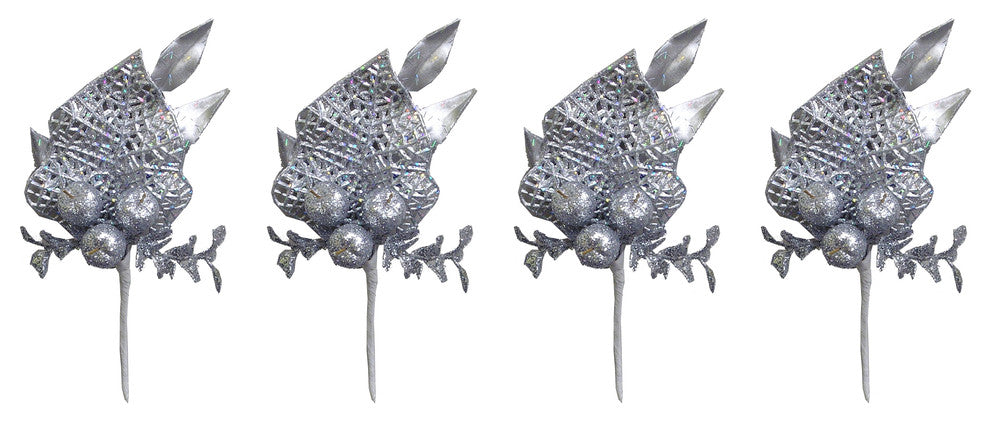 4 Pieces 9" Glitter Apple and Tea Leave Christmas Pick, Silver