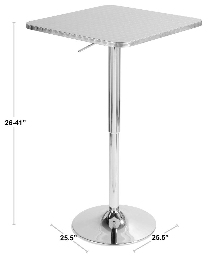 Bistro Contemporary Adjustable Square Bar Table, Silver