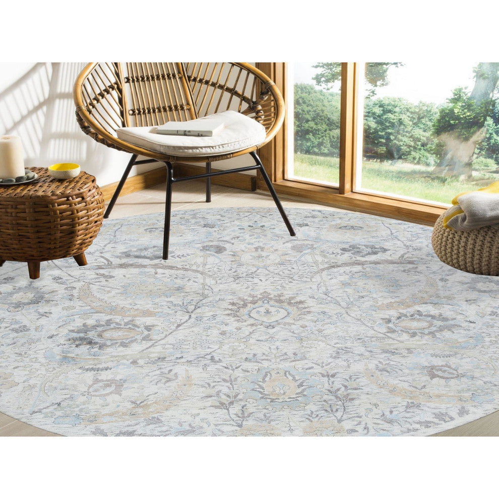 Ivory, Silk With Wool Hand Knotted, Sickle Leaf Design Round Rug, 9'9"x9'9"
