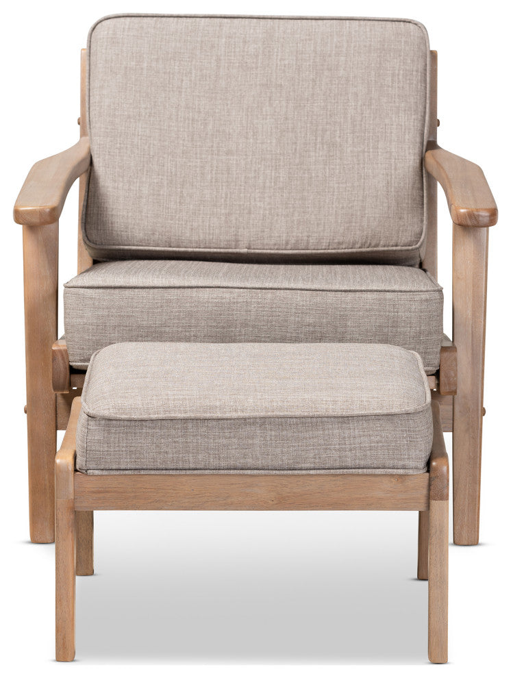 Woodard Light Grey Upholstered Antique Oak 2-Piece Wood Armchair and Ottoman Set