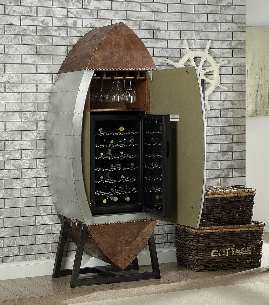 Brancaster Wine Cooler, Brown Leather and Aluminum