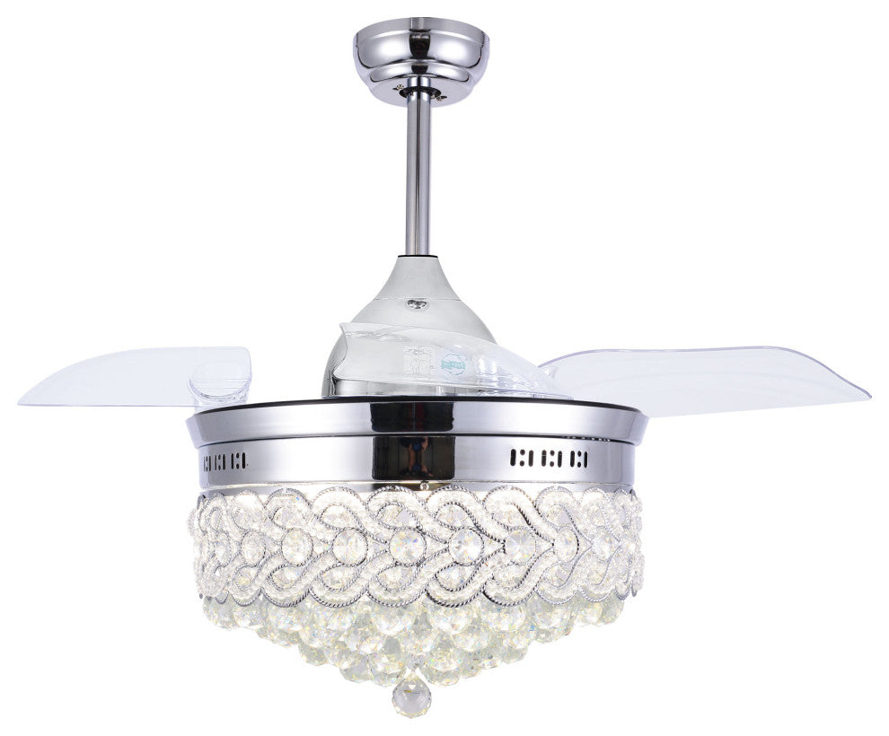 42" Modern Crystal Ceiling Fan with Lights and remote, Retractable Chandelier, Chrome, Neutral White (4000k)