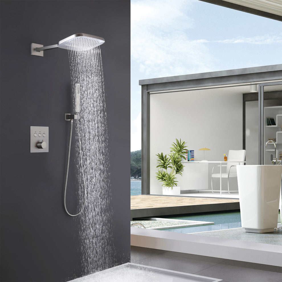 Thermostatic Rain Shower System with Hand Shower-Includes Rough-in Valve, Brushed Nickel