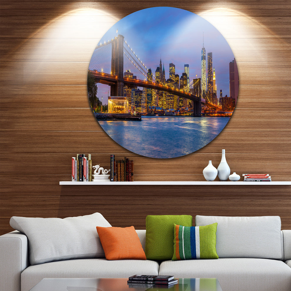 Brooklyn Bridge With Lights And Reflections, Disc Metal Artwork, 11"