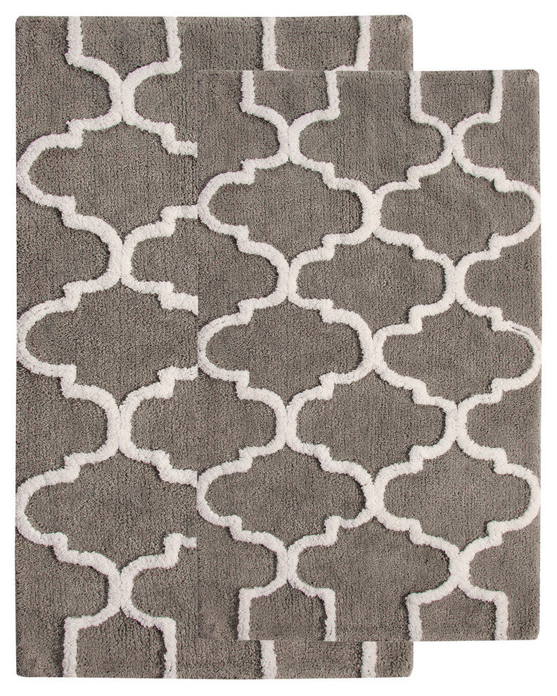 GSF 180 Geomatrics Cotton Bath Rug, 2-Piece Set, Gray, 24"x17"/34"x21"