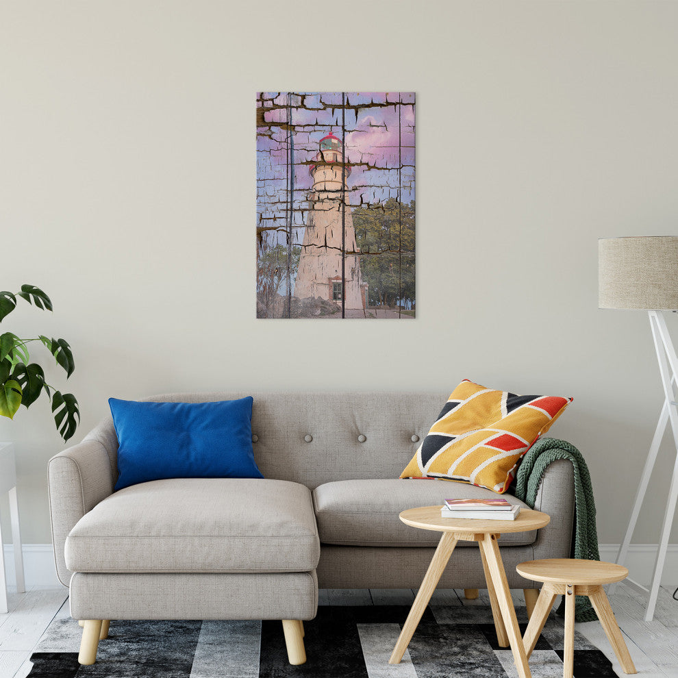 Faux Wood Texture Marblehead Lighthouse at Sunset Canvas Prints, 24" X 36"