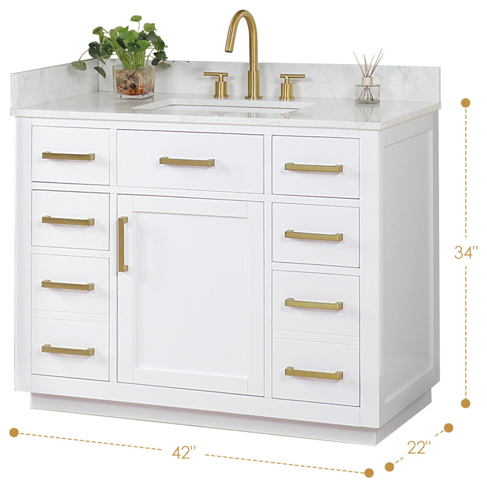 Gavino Vanity With Grain White Composite Stone Top, White/Brushed Gold, 42", No Mirror