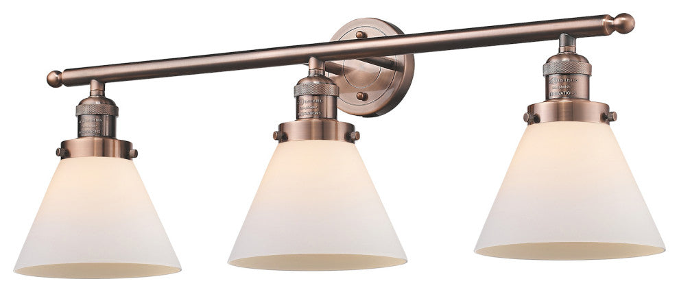 Franklin Restoration Large Cone 3 Light Bathroom Vanity Light in Antique Copper
