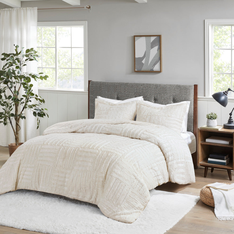 Madison Park Checkboard Brushed Long Fur Comforter Mini Set, Ivory, Twin