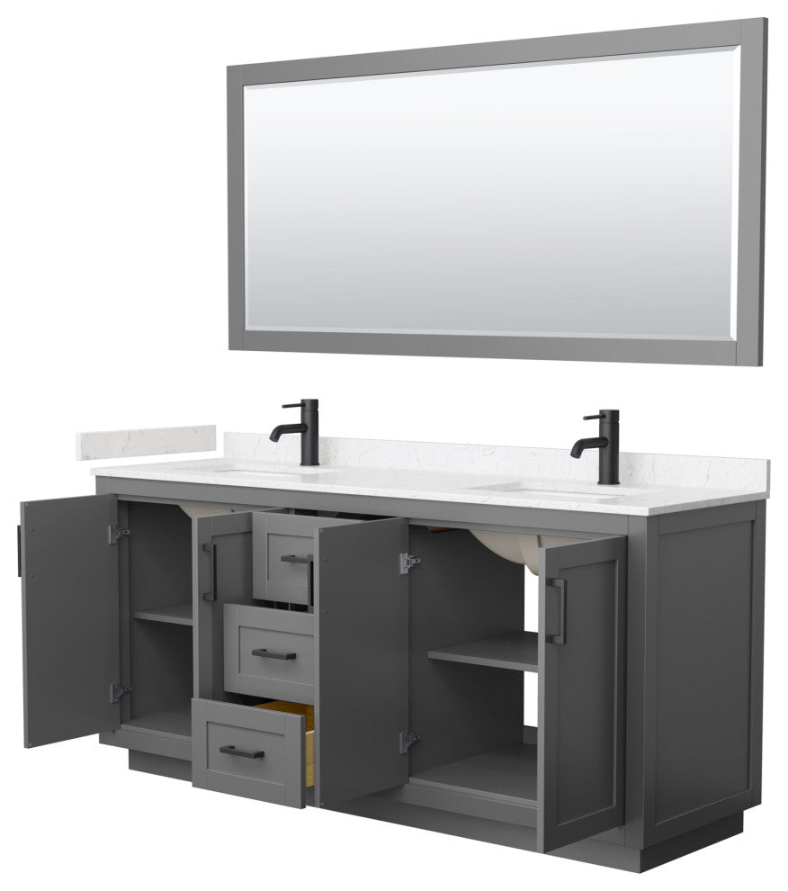 72"DBL Vanity Dark Gray, LV Carrara Cult. Top, Sinks, Black Trim, 70"Mirror