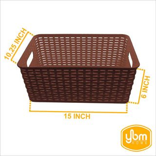 Plastic Rattan Storage Box Basket Organizer, Brown, Medium-Pack of 1
