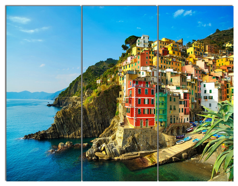 Riomaggiore Village Rocky Beach, Seascape Triptych Canvas Print, 36x28, 3 Panels