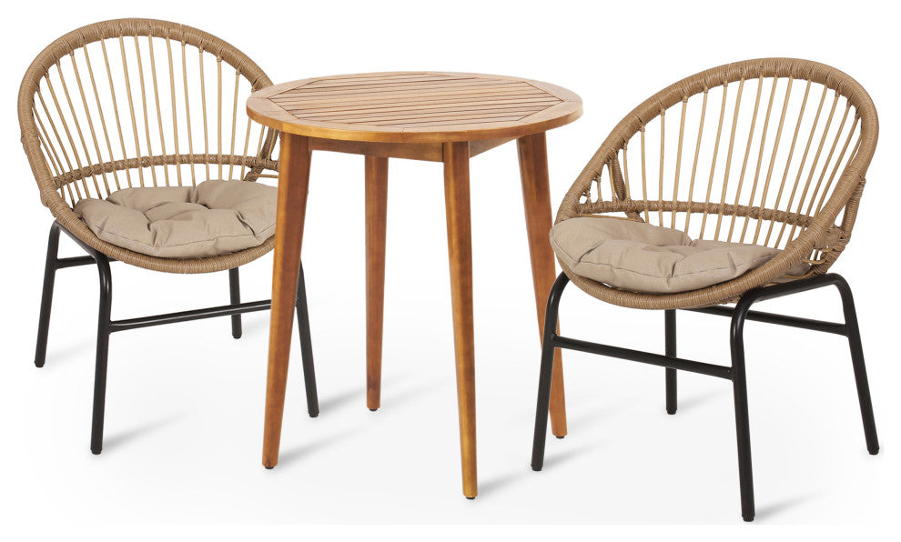 Meriden Outdoor Wicker and Acacia Wood 3 Piece Bistro Set With Cushion