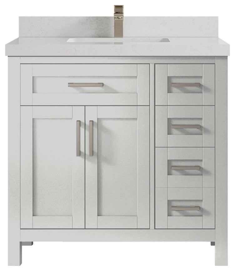 Cambridge 36 Center Sink Bath Vanity in Coventry Gray 2" Carrara Quartz