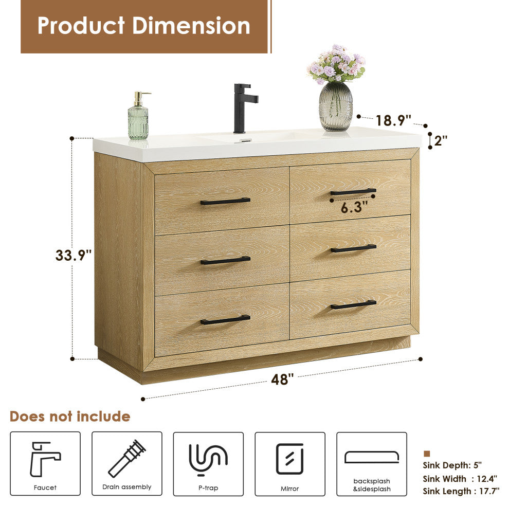 Sigrid Bathroom Vanity, White Oak, 48", No Mirror