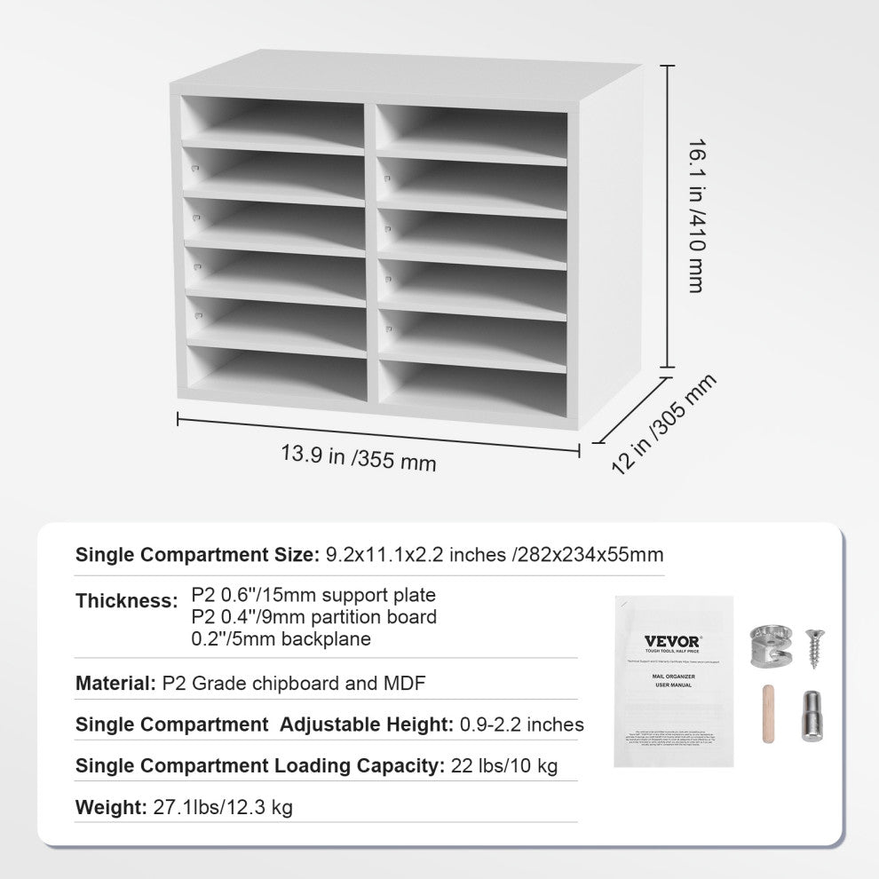 12 Compartments Wood File Organiser Office Mailbox with Adjustable Shelves, White