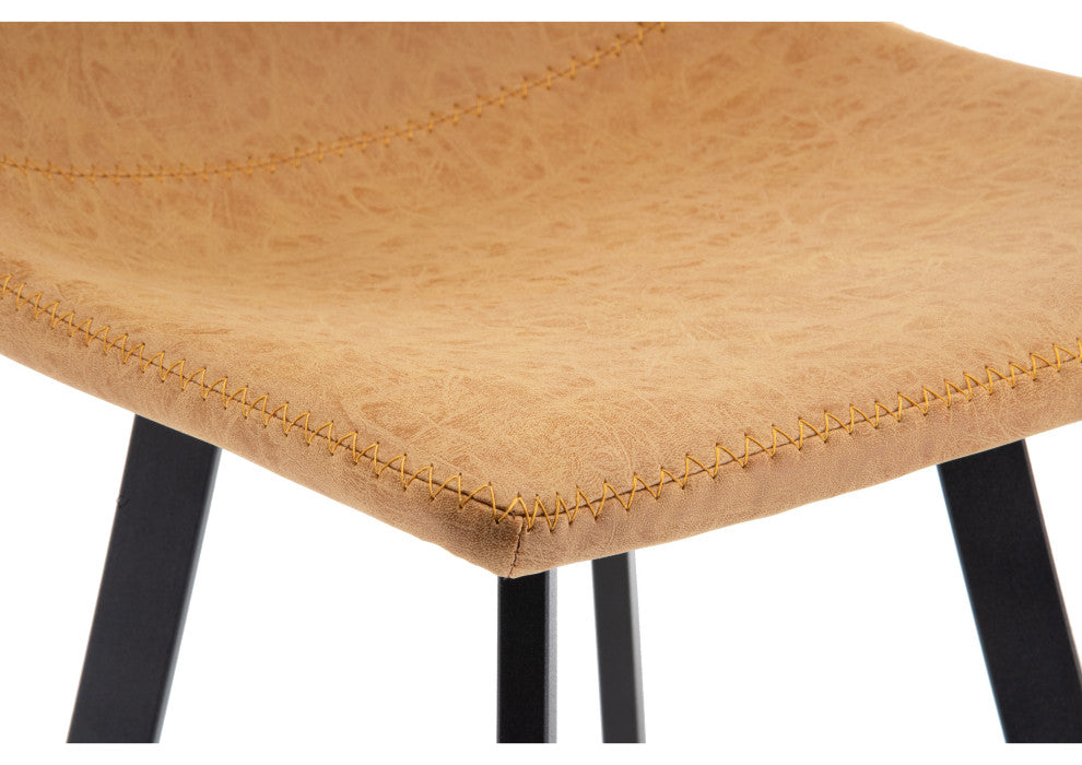 LeisureMod Elland Modern Upholstered Leather Bar Stool With Iron Legs & Footrest