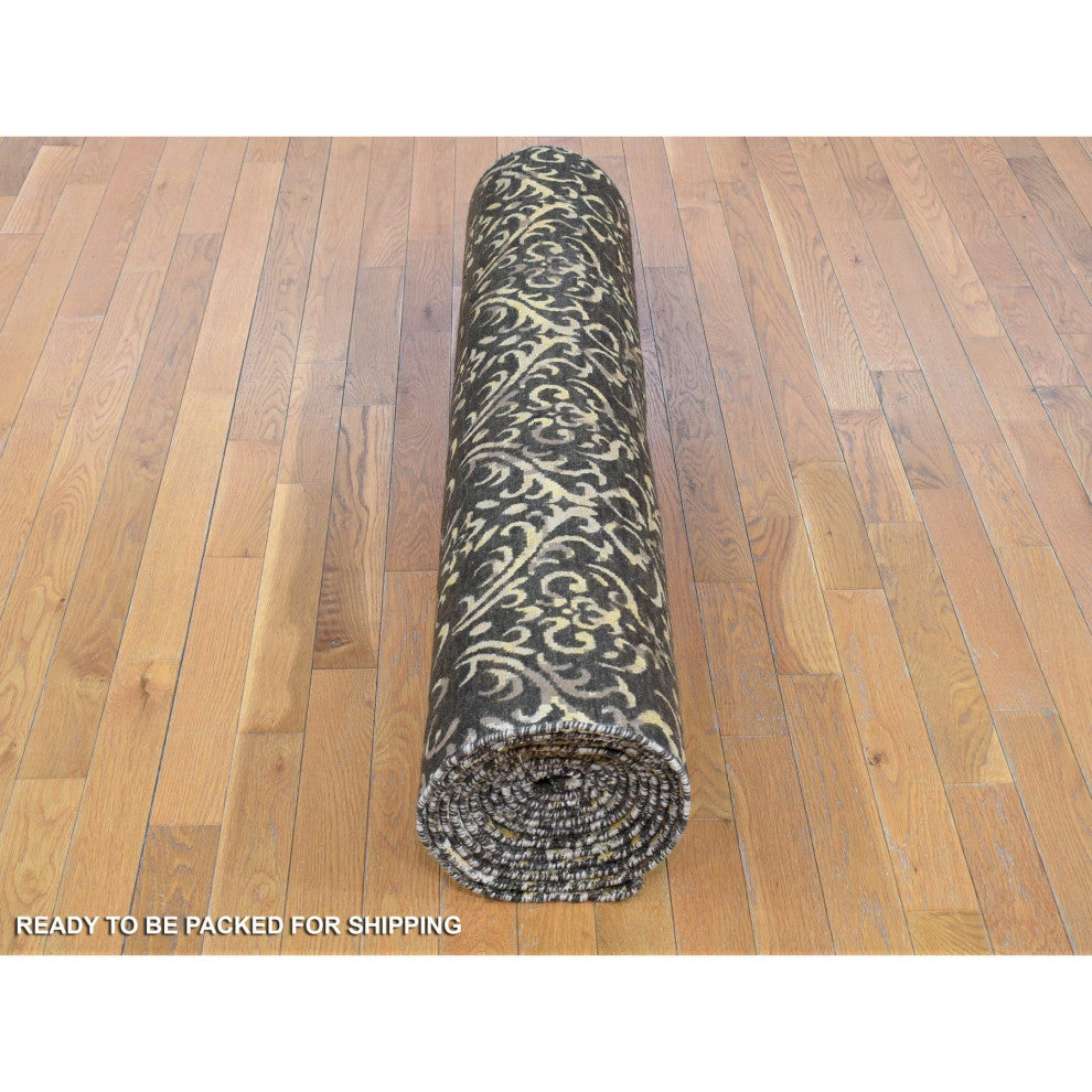 Brown, Modern Damask Hand Knotted, Wool and Silk Wide Runner Rug, 4'8"x18'2"