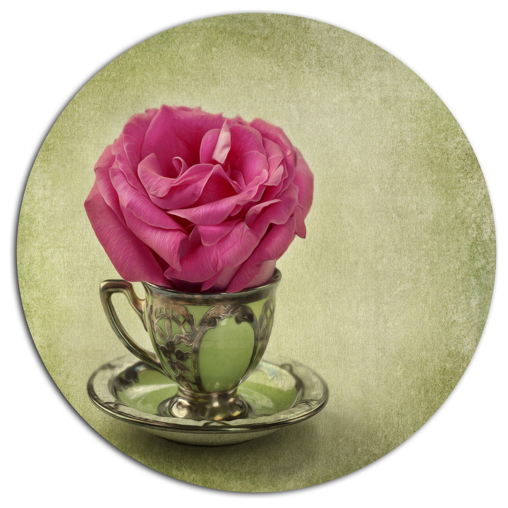 Red Rose In Cup And Saucer, Floral Disc Metal Artwork, 11"